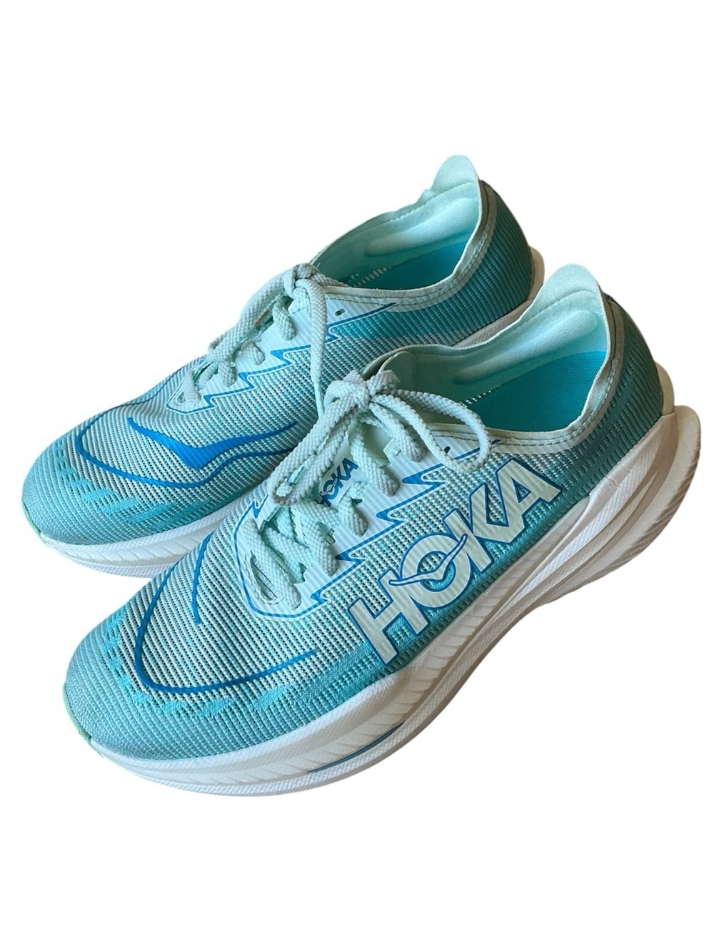 Hoka Mach X 2 Womens Performance Running Shoes in  Aqua and White Size 11B